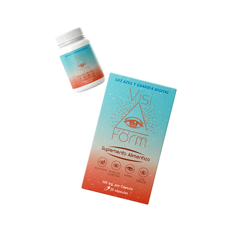 Visiform — frasco y caja con las cápsulas azules para el confort visual